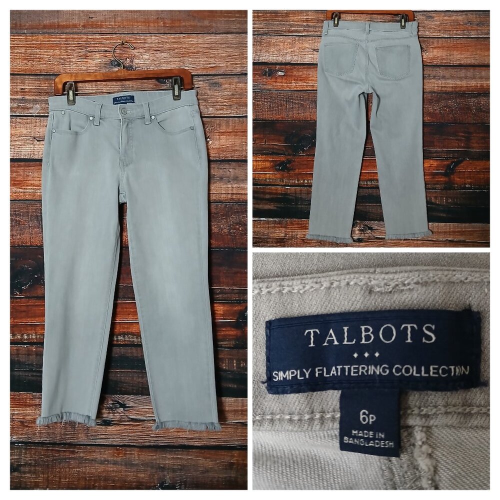 Talbots Ankle Jeans 6 Petite Light Gray Denim Stretch Mid Rise Frayed Raw Hem